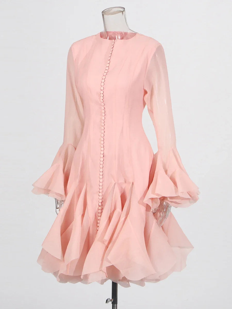 Women's Dress™ VGH Sweet Ruffles Elegant Knee Length Round Neck Flare Sleeve High Waist Spliced Button Dress