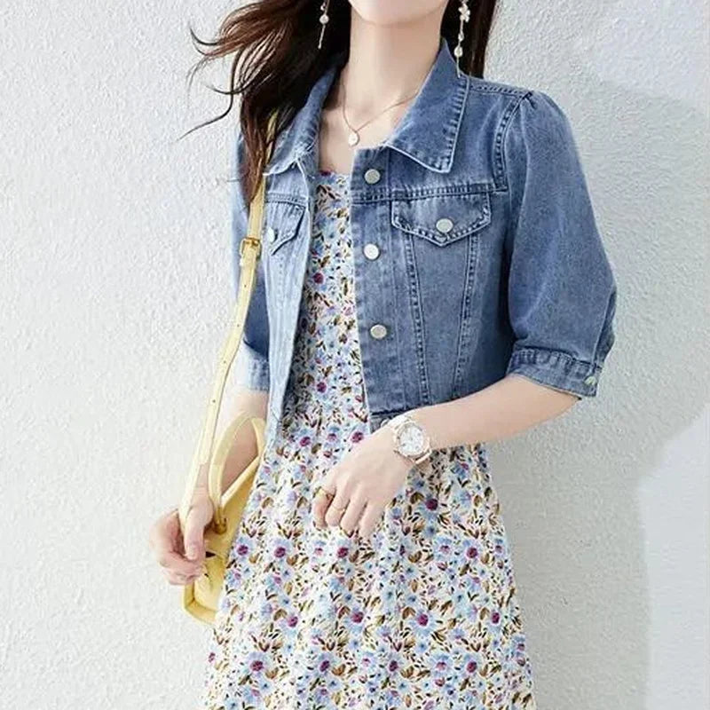 Women's Vintage Crops Turn Down Collar Jackets™ Half Sleeve Denim Fit Harajuku Outwear