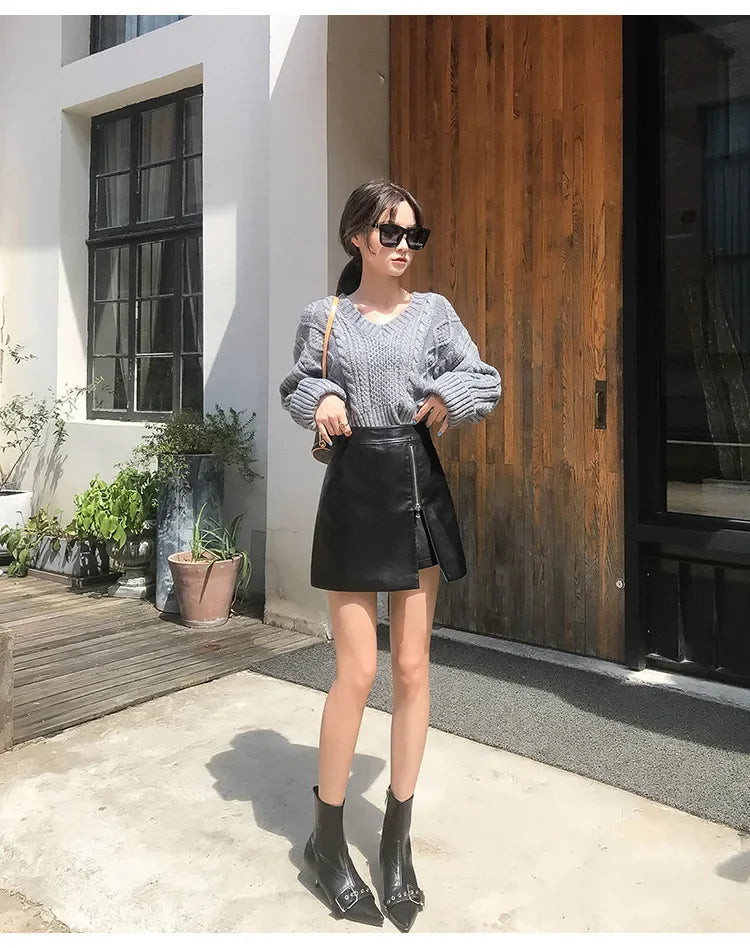 Women's Mini Dress™ Fashionable Zippered Pu Leather Slimming High-waisted A- line Skirt