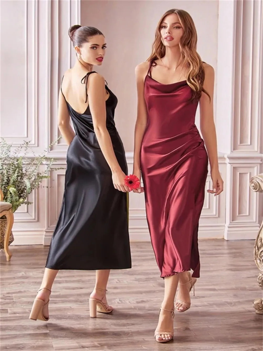 Women's Burgundy Maxi Dress™ Side Slit Adjustable Straps Dresses