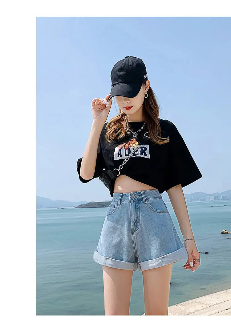 Women's Denim Shorts™ High Waist Cotton Wide-leg Short Pants