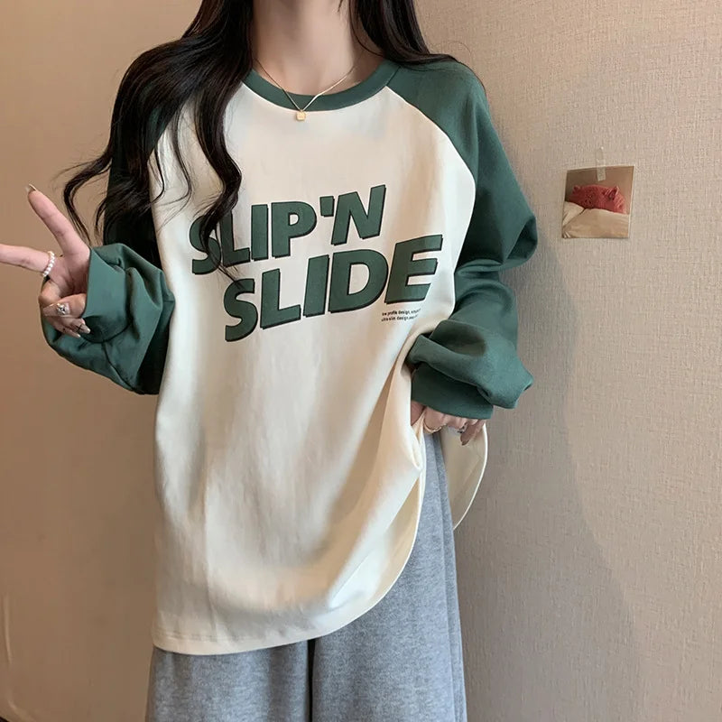 Women's Letter Printed T-Shirt™ Autumn Winter Thickened Frosted Color Block Shoulder Sleeve Lazy Loose Large Version Round Neck T-Shirt