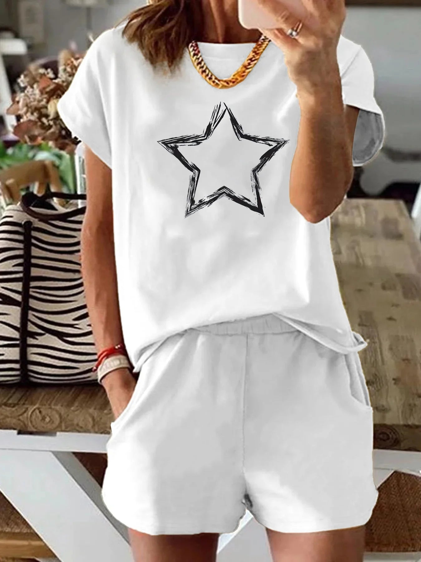 Women's Summer pattern printed shirt & shorts set™ loose round neck short sleeved T-shirt shorts two-piece set