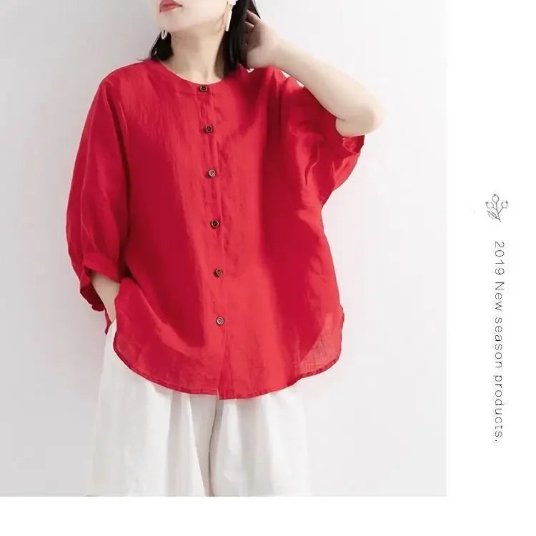 Women's Cotton Linen Shirts™ Loose Fit Round Neck Plus Lantern Sleeve Shirt