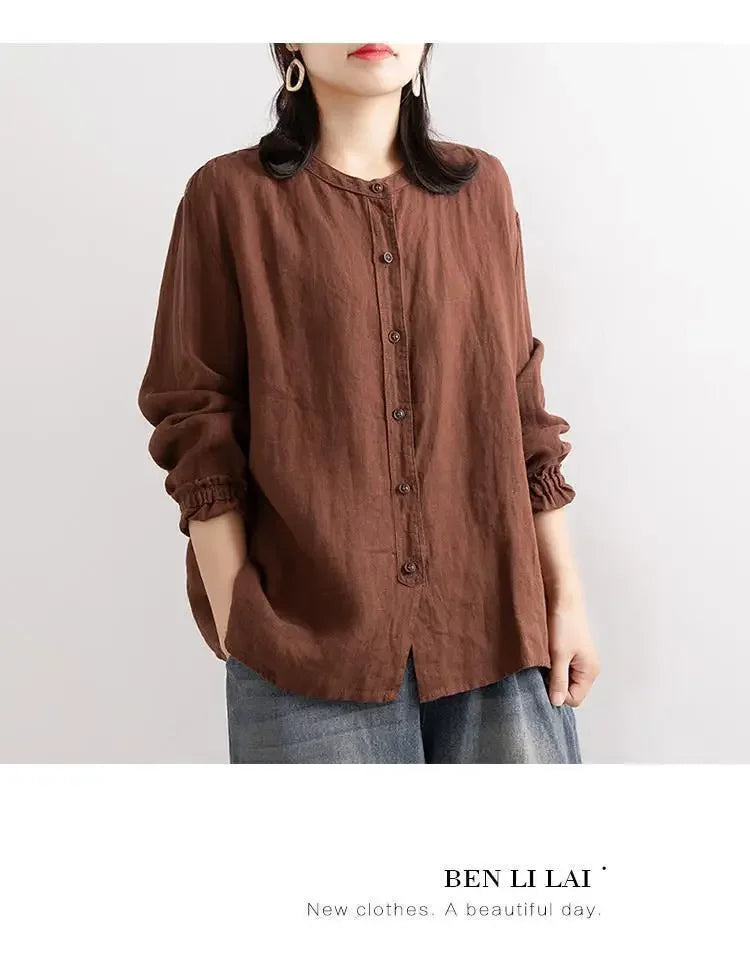 Women's Cotton Linen Shirts™ Loose Fit Round Neck Plus Lantern Sleeve Shirt