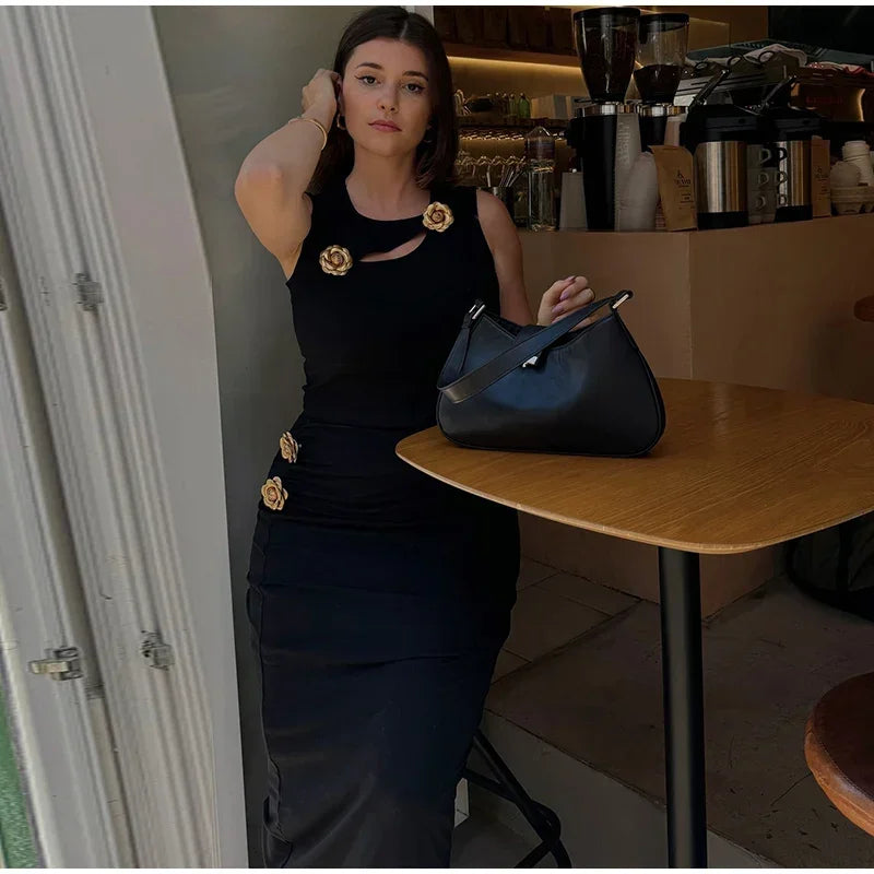Women's Flower Hollow Out Suit™ Women Top Slim Sleeveless Tank High Waist Hip Package Skirt Suit