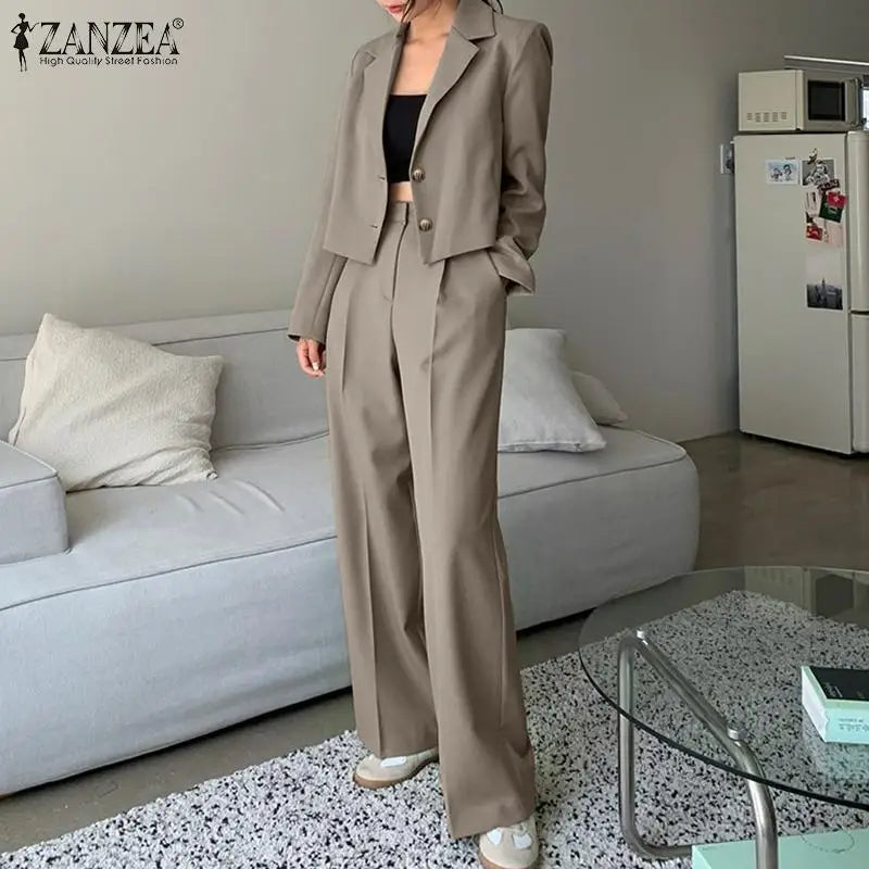 Women's Vintage Tracksuit™ ZANZEA Elegant Blazer Long Sleeve Tops Wide Leg Pants Work Suit