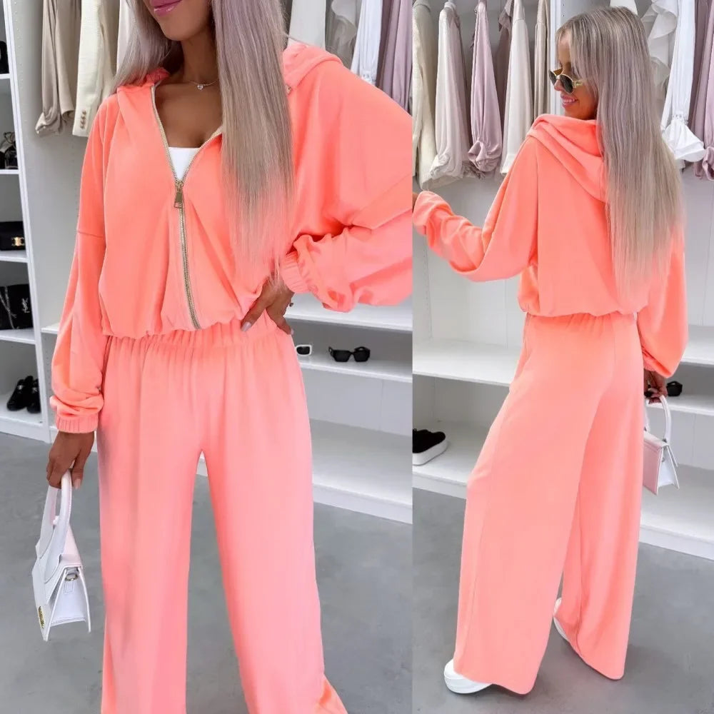 Women's  Casual Outfit™ Zipper Hooded Cardigan + Wide Leg Pants Two Piece Set