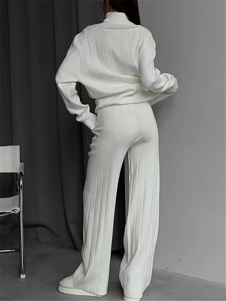 REALEFT Women's Knitted Tracksuit™ Turtleneck Sweater and Straight Jogging Pant Suits