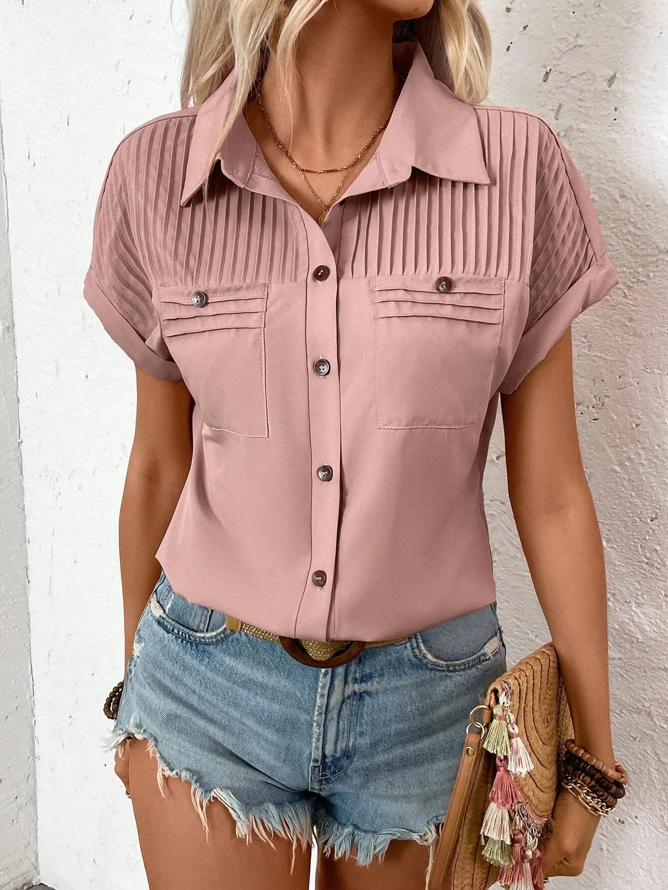 Women's Solid Color Buckle Lapel T-shirts™ Shoulder Pleated Flap Short-Sleeved Tops