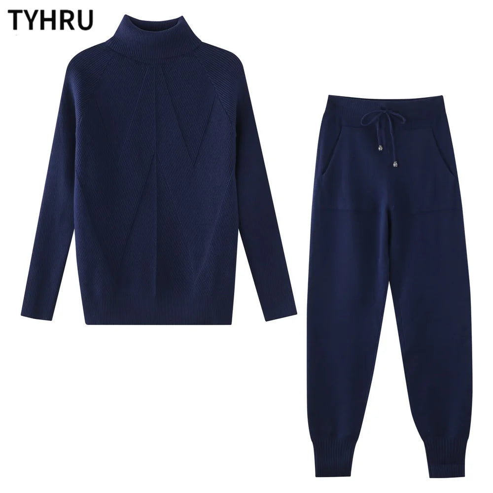 Women's tracksuit™ TYHRU Autumn Winter Knitted Striped Turtleneck Sweater and Elastic Trousers Set