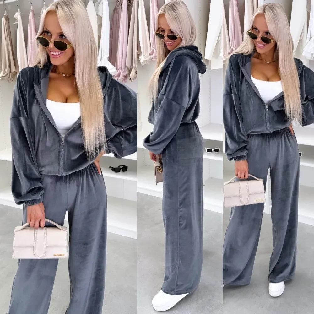 Women's  Casual Outfit™ Zipper Hooded Cardigan + Wide Leg Pants Two Piece Set