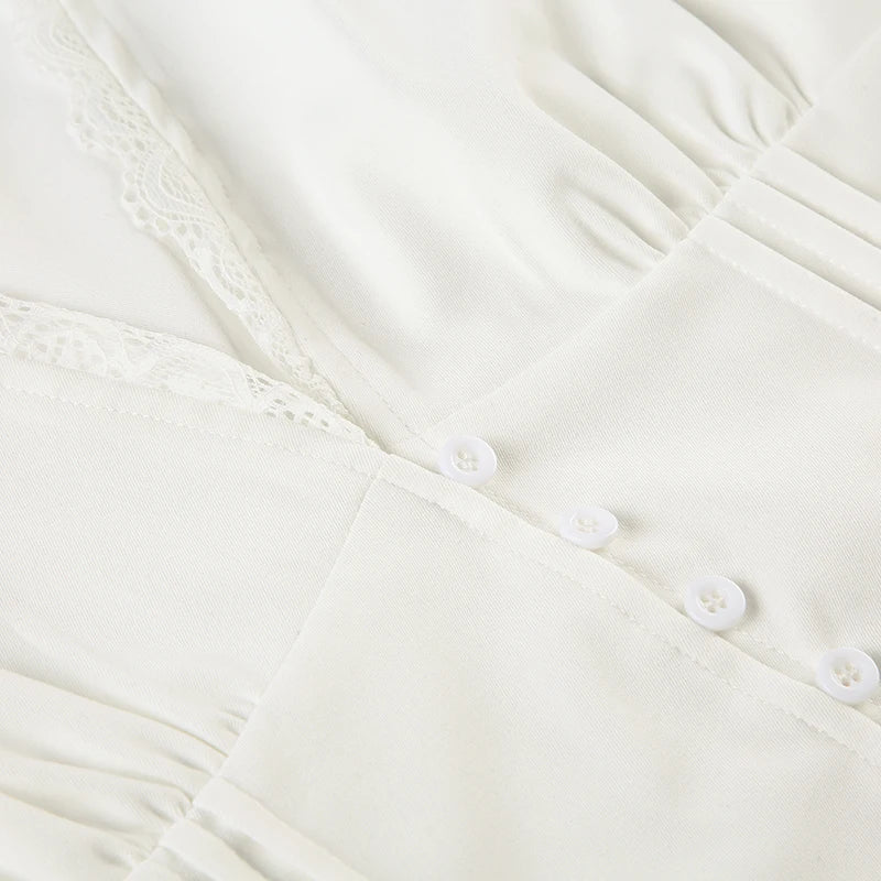 Women's Summer T-Shirt™  V-neck Lace Patchwork French Style Puff Sleeve White Blouse Y2K Aesthetics Cute Tops