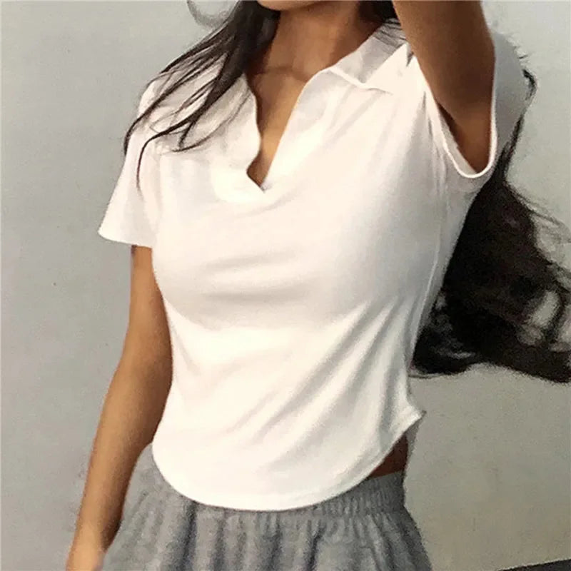 Women's Summer Short Sleeve Lapel Tops™ V-Neck Retro Slim Versatile Tee