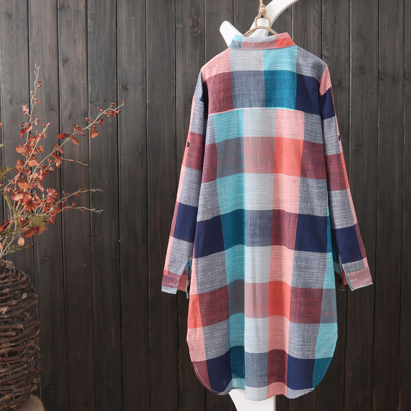 Women's Plus Size Loose Plaid Blouse™ Mid Length Long Sleeve Cotton Shirt Outwear