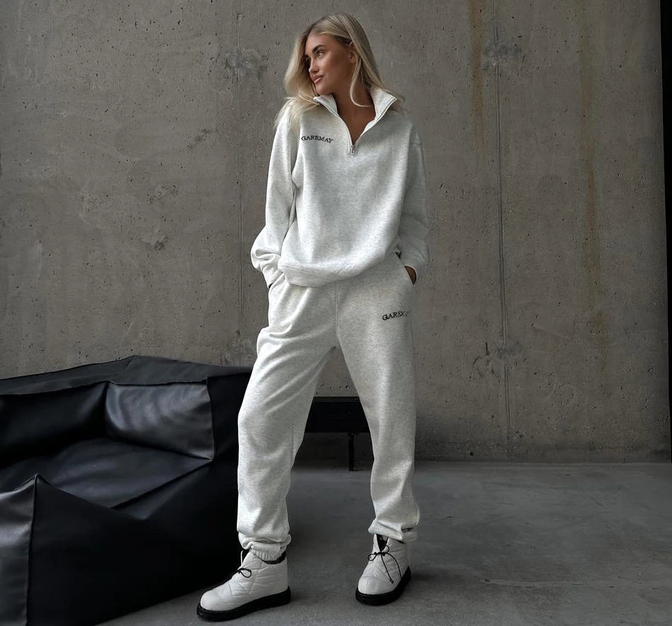 Autumn Women's Tracksuit™ Zipper Cotton Oversize White Casual Classic Sports Trouser Suits for Women