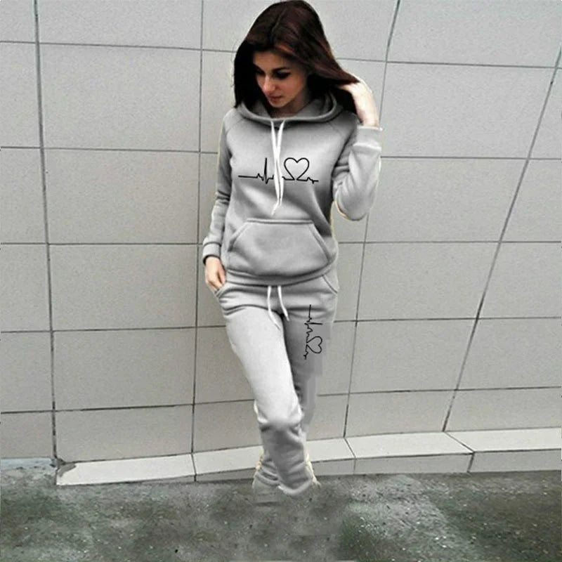 Printed Women's Suit™ Hooded Heartbeat Line Sweatshirt Pants Set