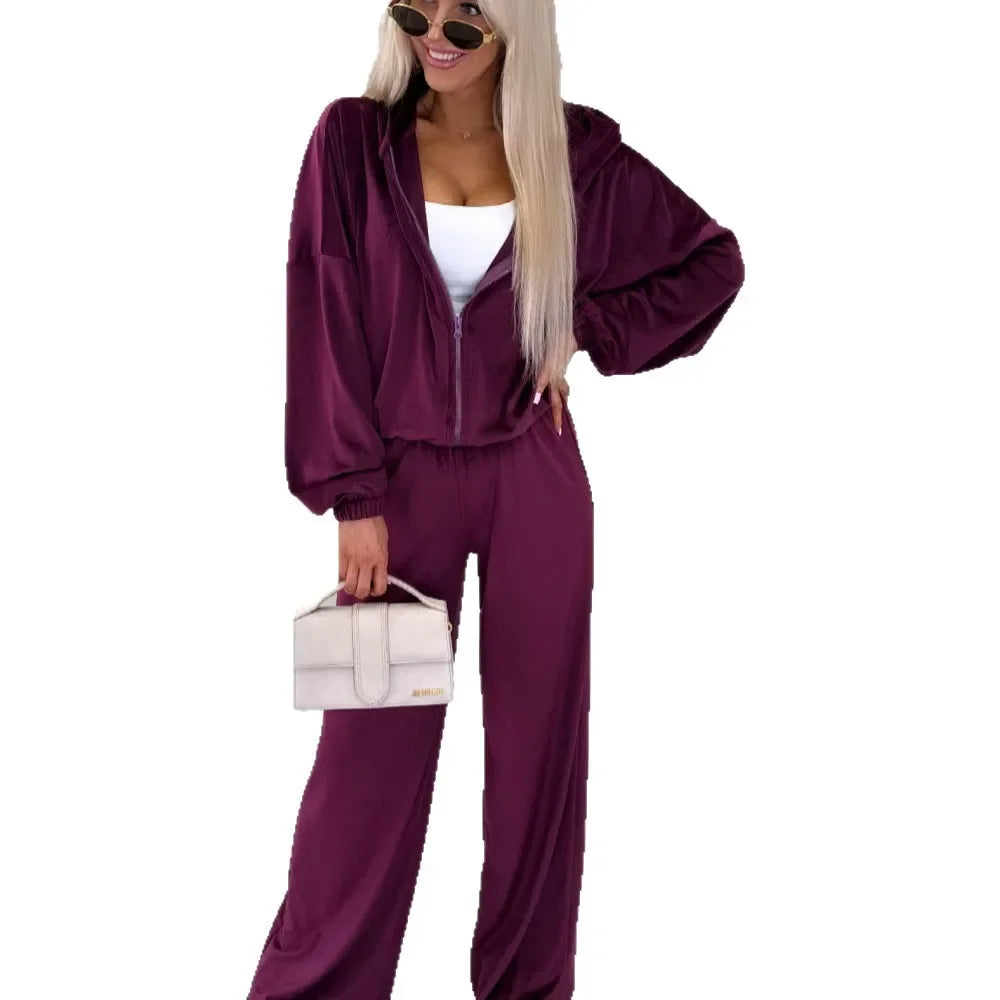 Women's  Casual Outfit™ Zipper Hooded Cardigan + Wide Leg Pants Two Piece Set