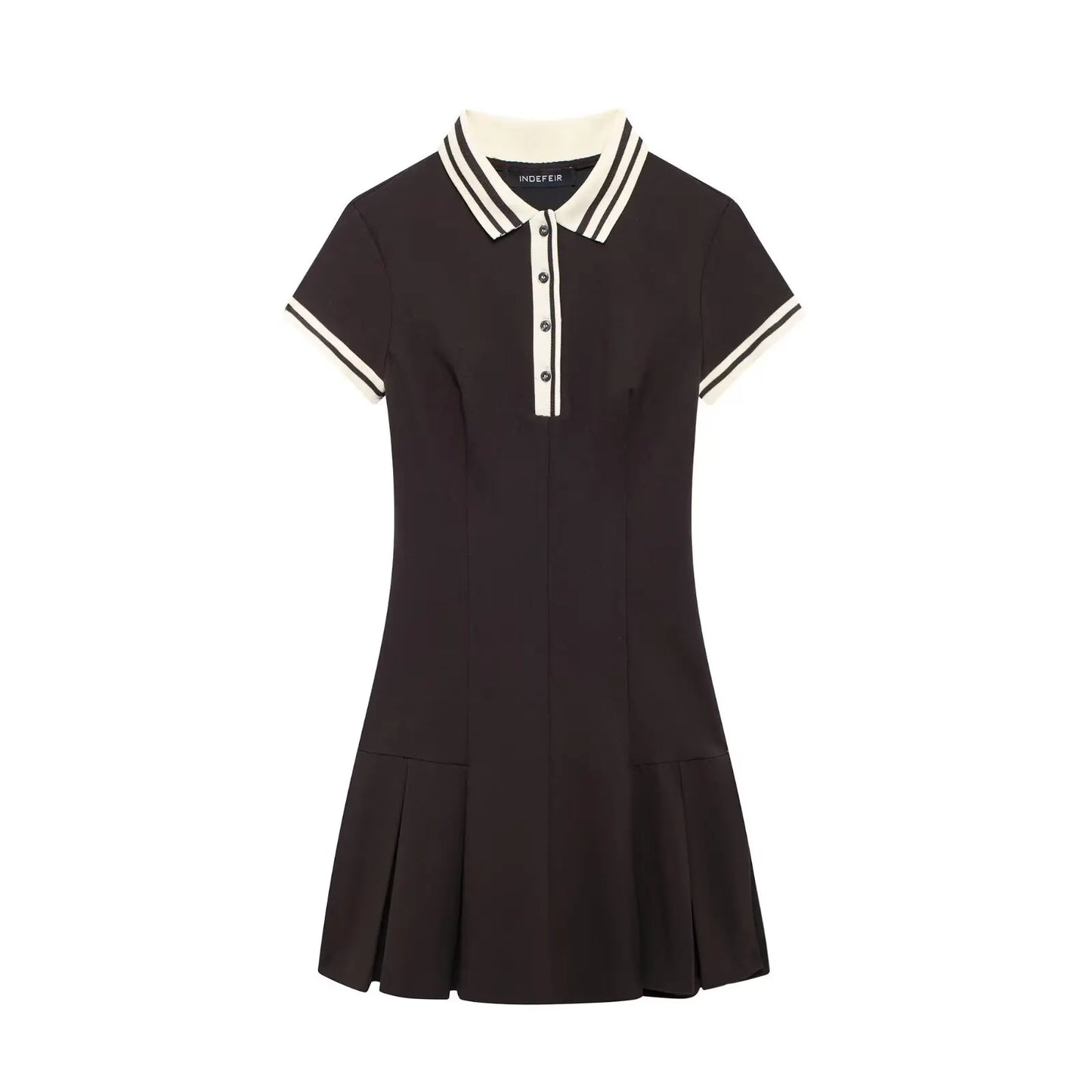 TRAFZA-Women's Burgundy Dress™ Contrasting Ribbed Lapel Buttons Classic Campus Dress