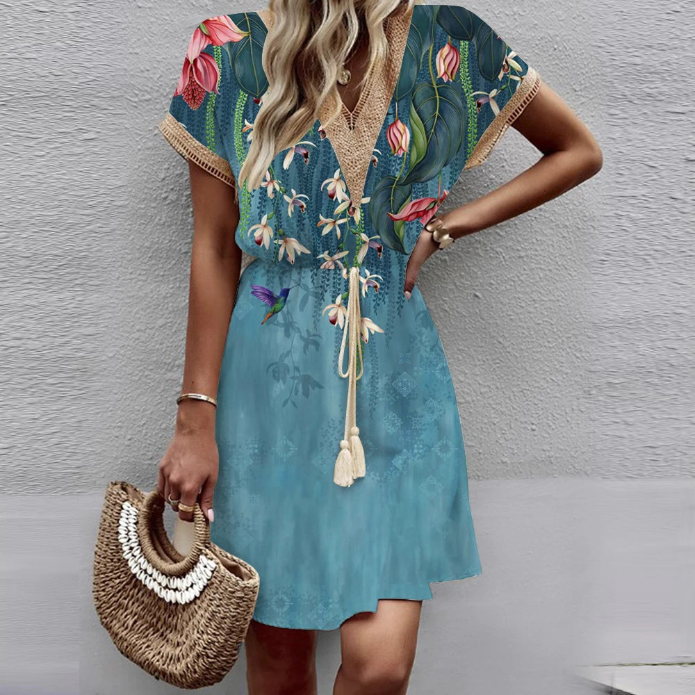 Women's Medium Length Dress™ Bat Sleeves  V-Neck Waist Wrap Lace Dress