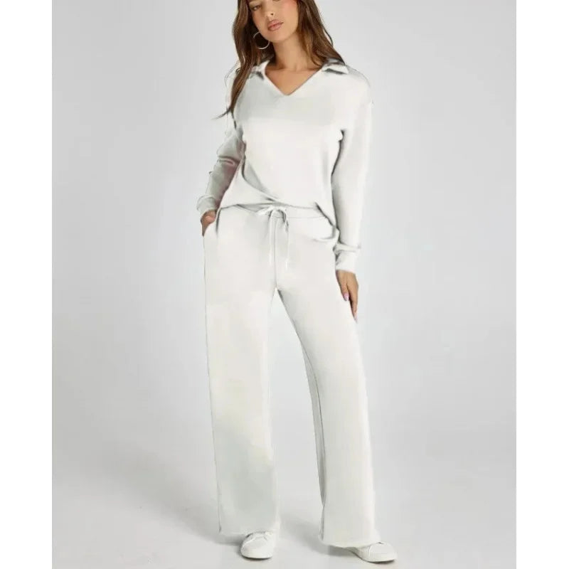 Women's 2 Piece Set™ Loose Long Sleeve V-Neck Top with Drawstring Elastic Waist Bell BottomsSet