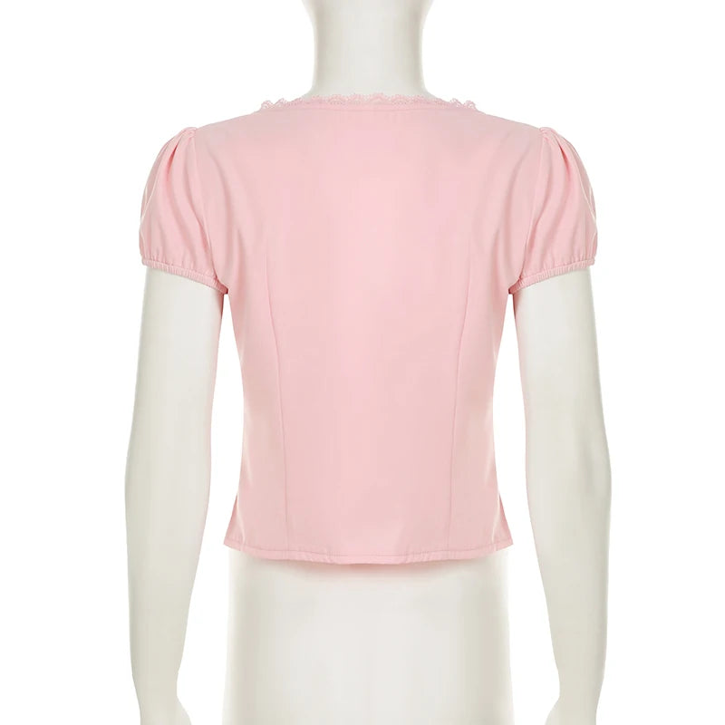 Women's Summer T-Shirt™  V-neck Lace Patchwork French Style Puff Sleeve White Blouse Y2K Aesthetics Cute Tops