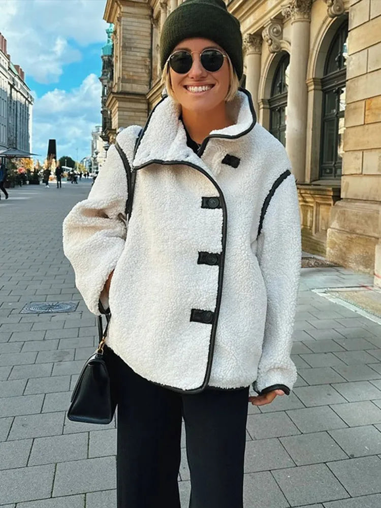 Woman's Contrast Fleece Jackets™ Thick Warm Stand Single Breasted Pockets Long Sleeve Outerwear