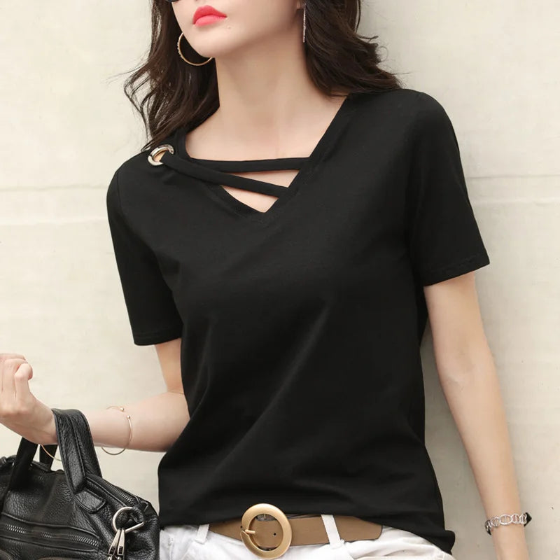 Women Short Sleeve Heart-neck T-shirt™ Half-sleeve Loose Tops