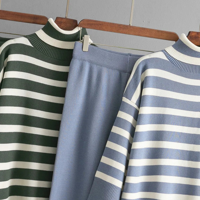 Women's Suits™ SINGREINY Striped Turtleneck Sweater High Waist Wide Leg Pants Knitted Loose Suits