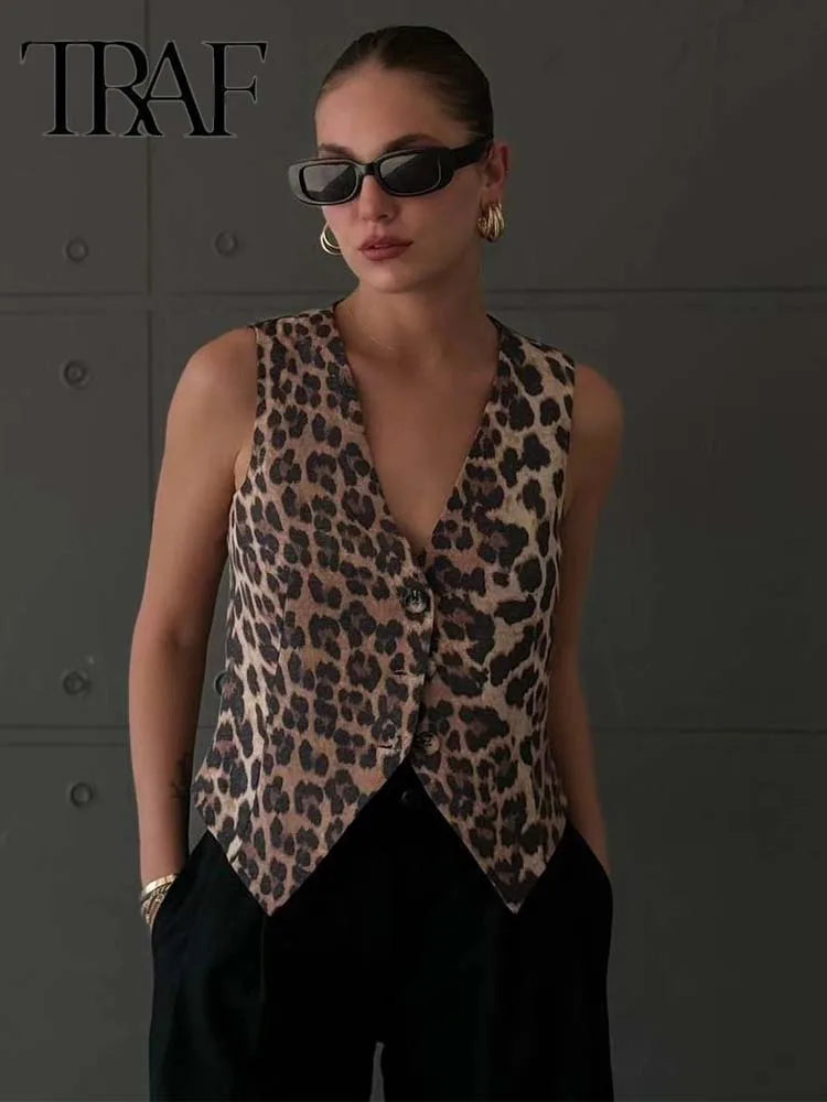 Women's  Leopard Summer Jacket™ V-Neck Single-breasted Cropped Sleeveless Jacket