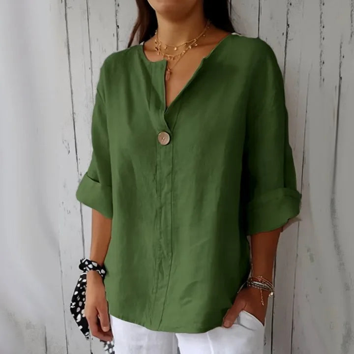 Women's Summer loose T-shirt™ V-neck cotton and linen button tops