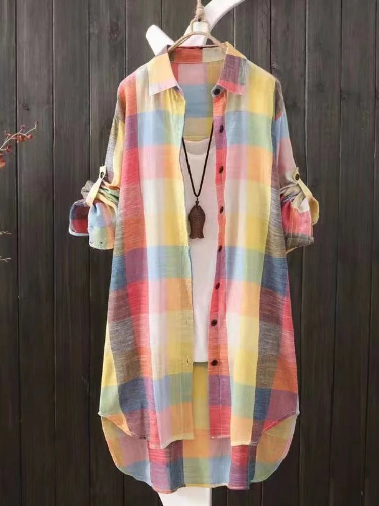 Women's Plus Size Loose Plaid Blouse™ Mid Length Long Sleeve Cotton Shirt Outwear