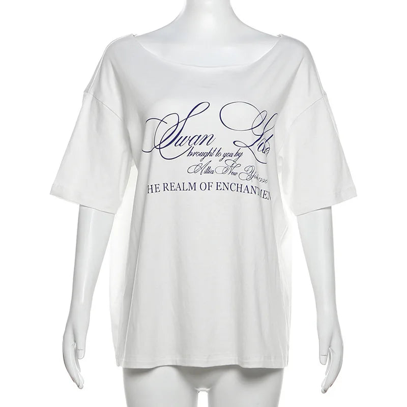 Women's Summer T-Shirt™ Letter Print Graphic Oversized One Shoulder Tops