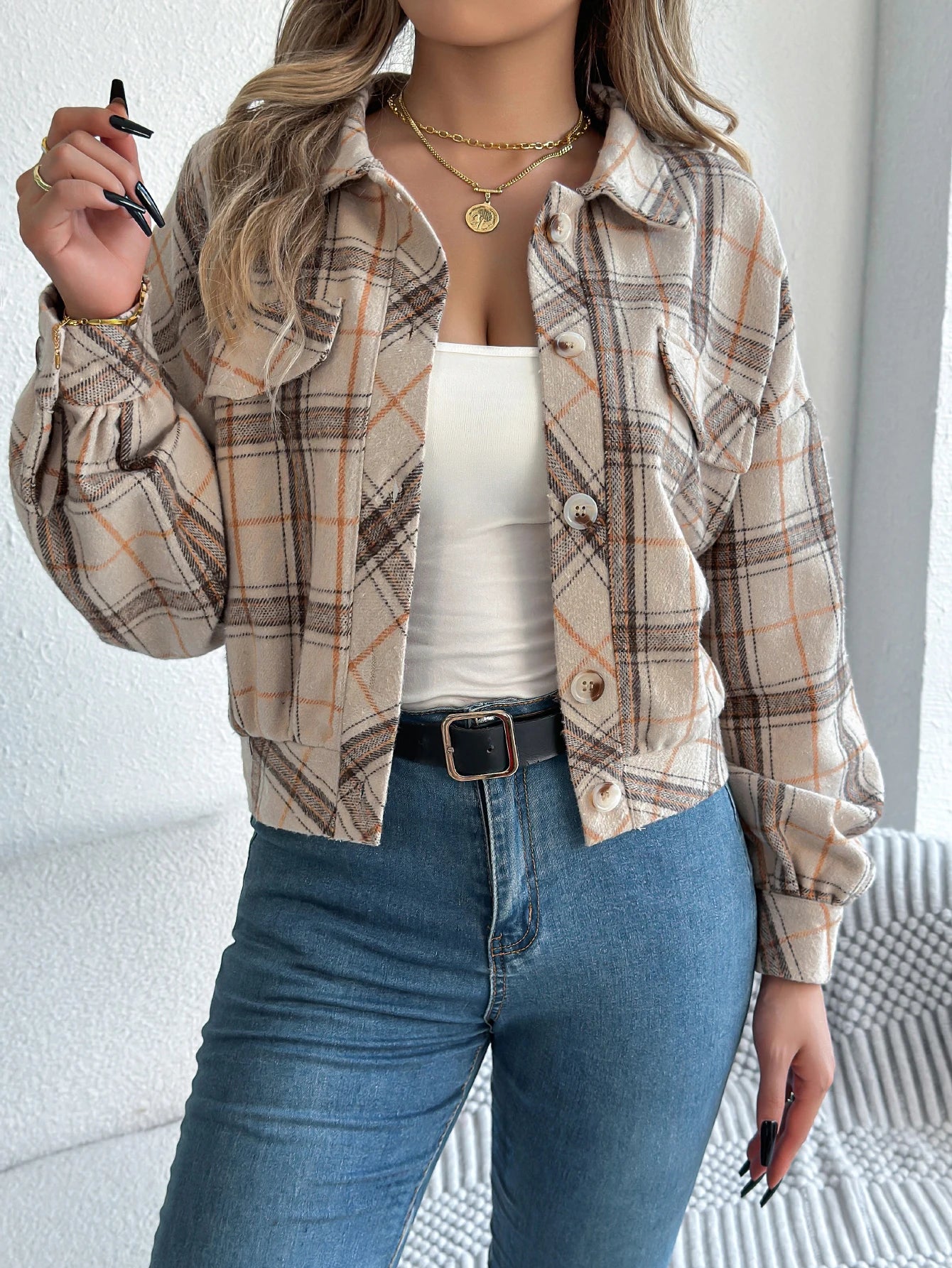 Women's Plaid Short Coat™ Lantern Long Sleeve Turn-Down Collar Button Woolen Jacket
