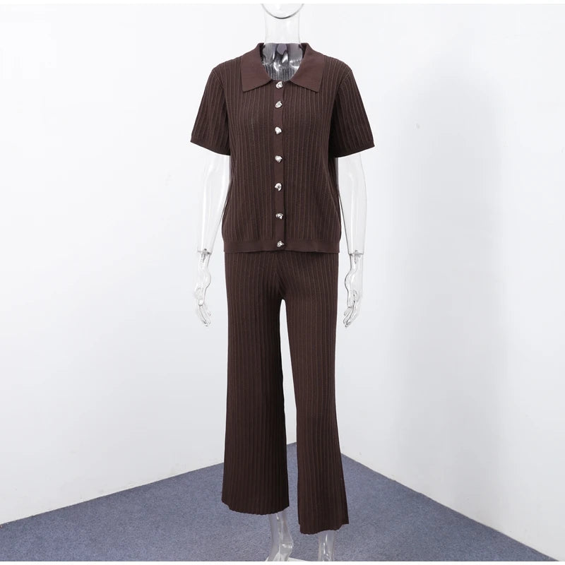 Women's Knitted Pants & Tops Set™ Turn Down Collar Half Sleeve Tops & Elastic Waist Straight Trousers Outfits