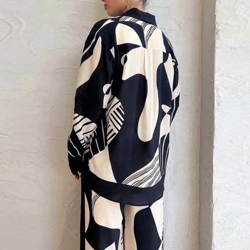 Women's 2 Piece Set™ Chic Lapel Long Sleeved Blouse Top Loose Straight Leg Pants Suit