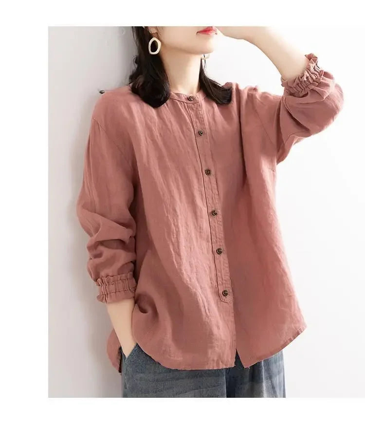 Women's Cotton Linen Shirts™ Loose Fit Round Neck Plus Lantern Sleeve Shirt