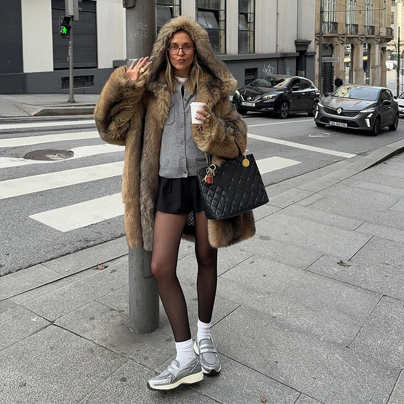 Women's Brown Faux Fur Hooded Coat™  Women Fluffy Loose Long Sleeve Furry Thick Warm Jacket