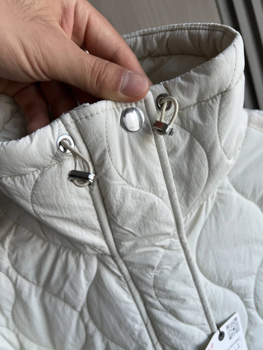 Women's Quilted Coat™ drawstring ties high neck pocket clip cotton jacket for women