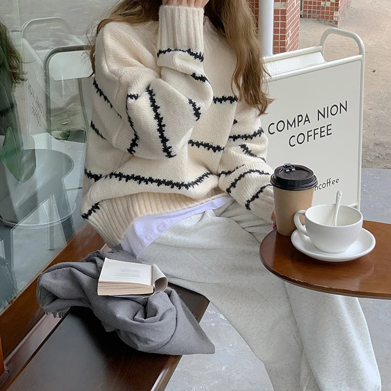 Women's Casual Pullovers™ Knitted Korean Loose Striped O-neck Long Sleeve Sweater