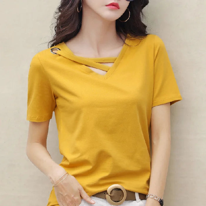 Women Short Sleeve Heart-neck T-shirt™ Half-sleeve Loose Tops