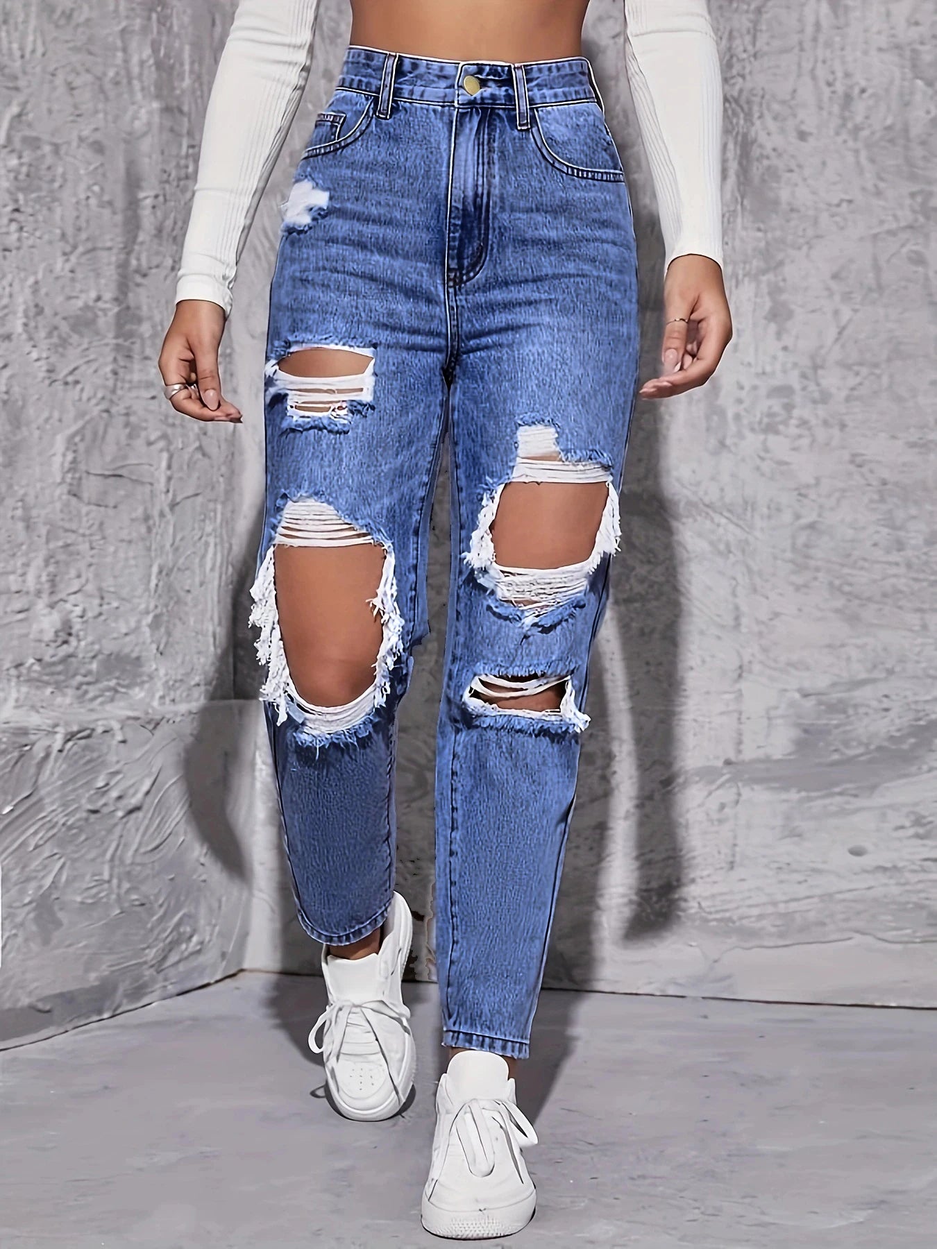 Women's Retro Hole-punched Jeans™ High Waist Straight Loose Slim Dragging Pants