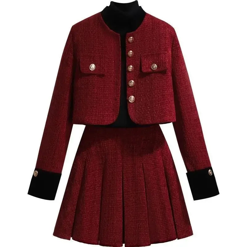 Women's Autumn Jacket & Skirt Set™ Thickened Plus Size Red Tweed Suit