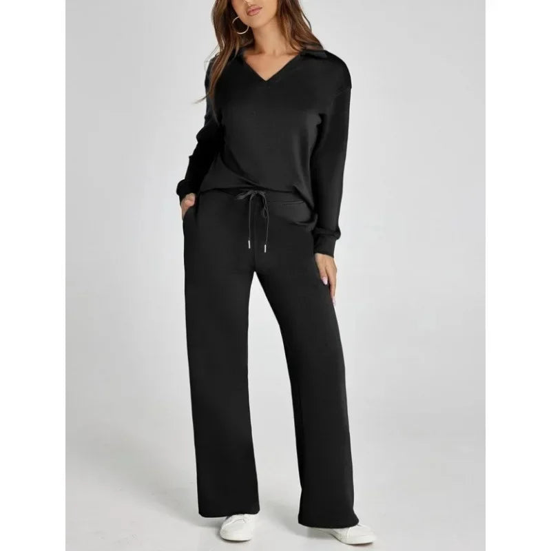 Women's 2 Piece Set™ Loose Long Sleeve V-Neck Top with Drawstring Elastic Waist Bell BottomsSet