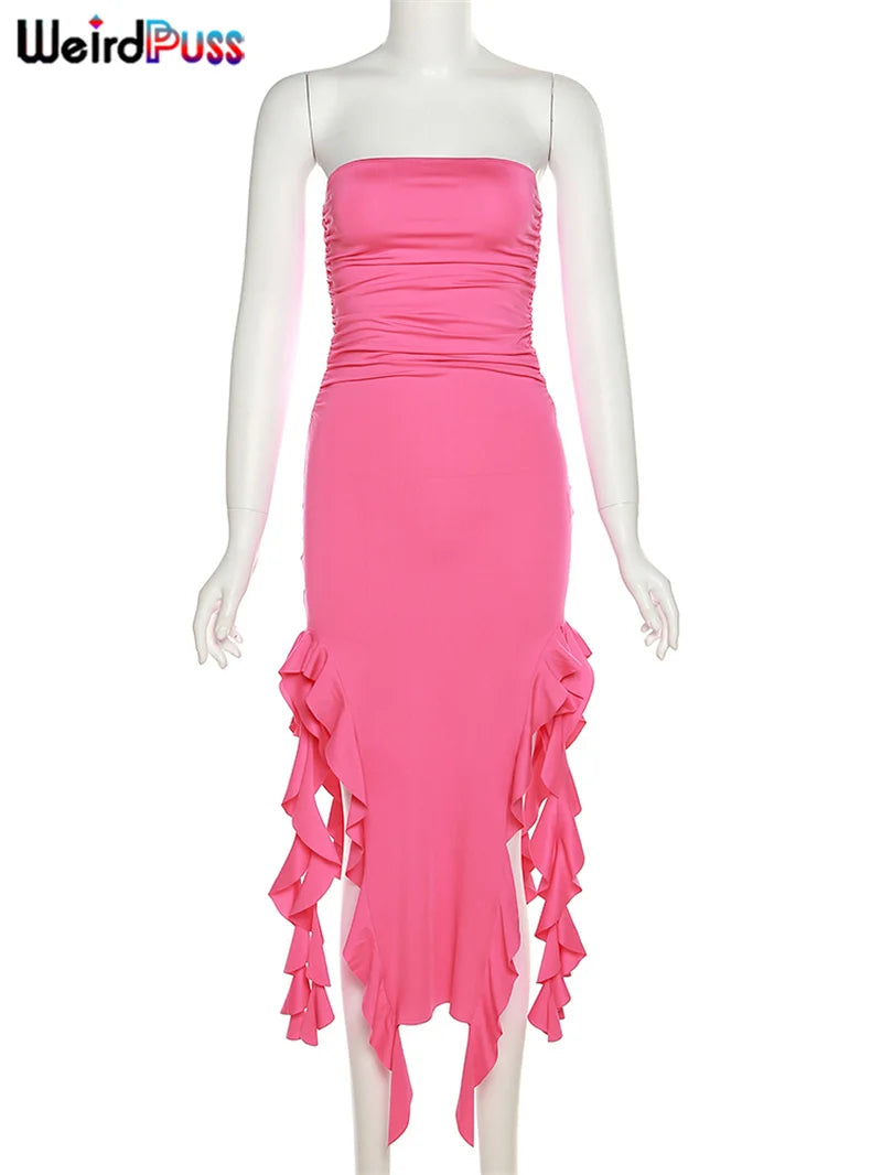 Women's Elegant Strapless Dress™ Irregular Tassel Trend Skinny Split Maxi Bodycon Dress