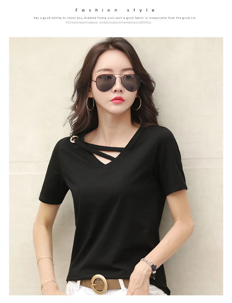 Women Short Sleeve Heart-neck T-shirt™ Half-sleeve Loose Tops