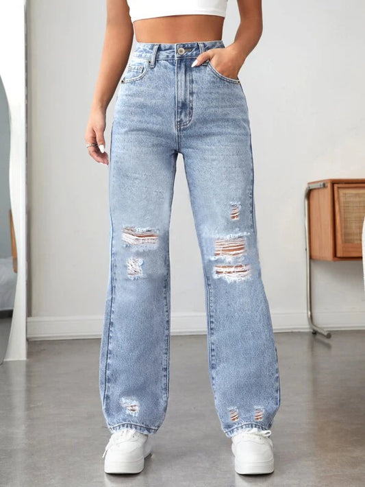 Women's light blue denim jeans™ ripped wide leg loose comfortable slimming all-match out jeans