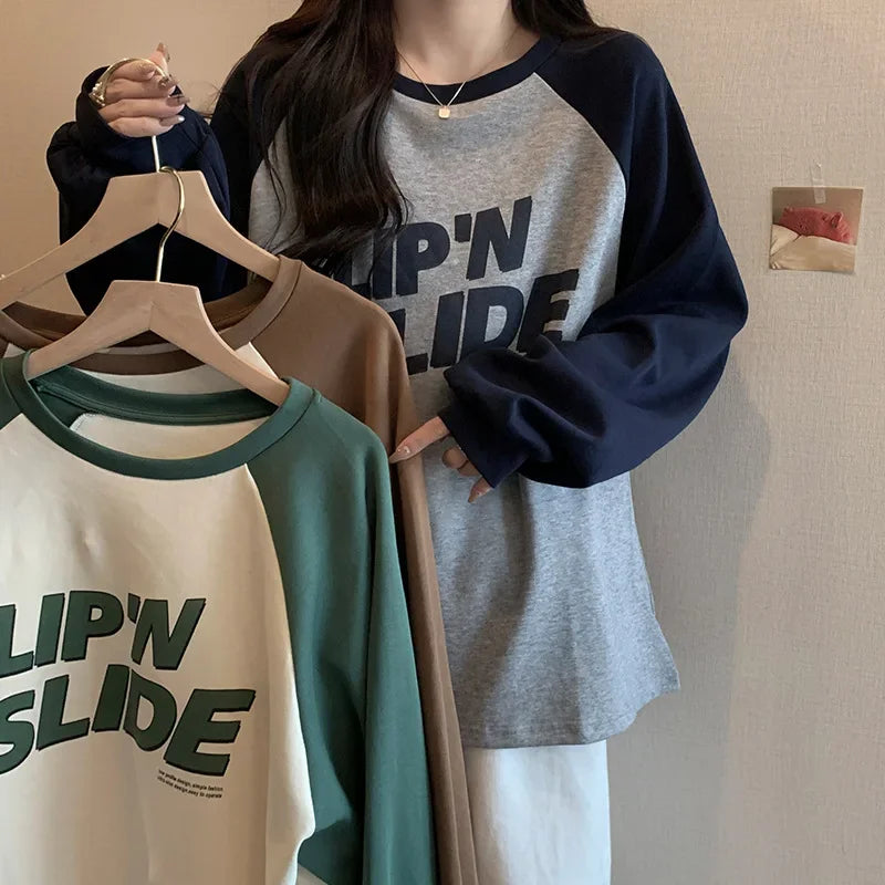 Women's Letter Printed T-Shirt™ Autumn Winter Thickened Frosted Color Block Shoulder Sleeve Lazy Loose Large Version Round Neck T-Shirt