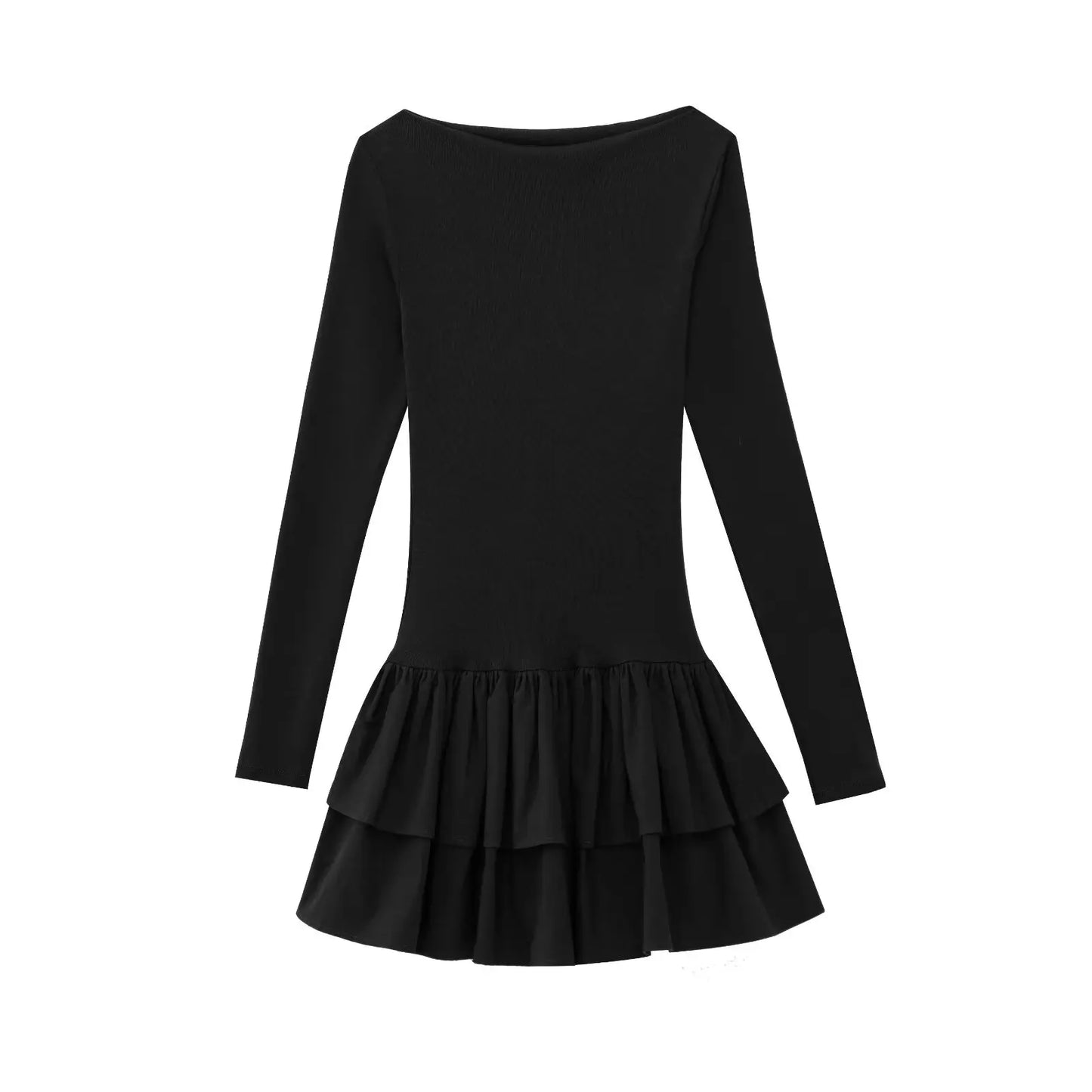 Women Dress™ TRAFZA Long Sleeve Dress Layered Hem Stretch Slim Brown Short Dress