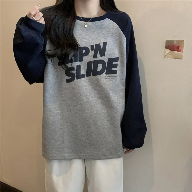 Women's Letter Printed T-Shirt™ Autumn Winter Thickened Frosted Color Block Shoulder Sleeve Lazy Loose Large Version Round Neck T-Shirt